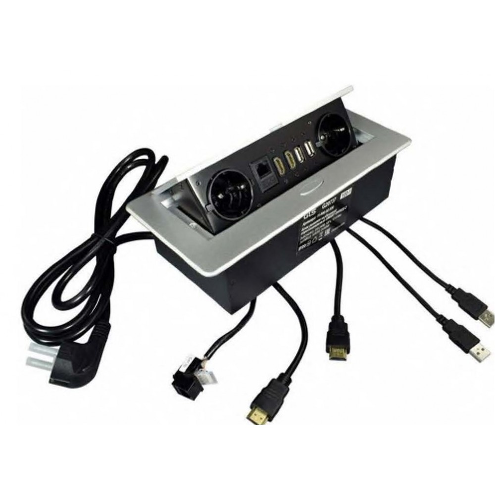 Блок розеток выдвижной горизонт, SMART OFFICE-2, серебристая, розетки 2хEU; 2xUSB3,0; 1xLAN; 2xHDMI,